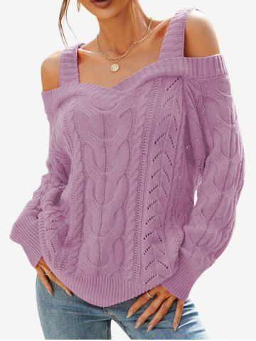 Plus Size Cable Knit Openwork Cold Shoulder Sweater - LIGHT PURPLE - S