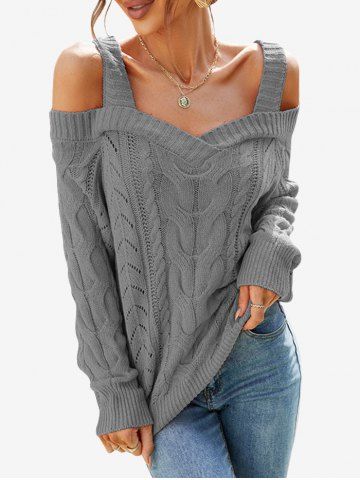 Plus Size Cable Knit Openwork Cold Shoulder Sweater - GRAY - S