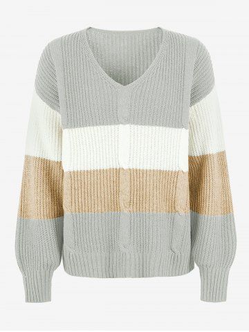 Plus Size Cable Knit Block Striped Sweater - LIGHT COFFEE - S