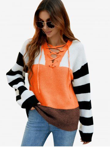 Plus Size Lace-up Striped Colorblock Sweater - ORANGE - M