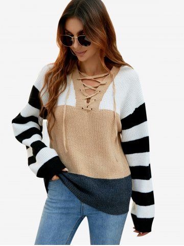Plus Size Lace-up Striped Colorblock Sweater - LIGHT COFFEE - S