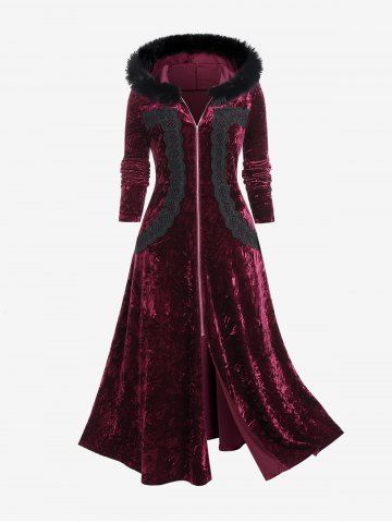 Plus Size Faux-fur Hooded Lace Applique Crushed Velvet Long Coat - DEEP RED - L | US 12