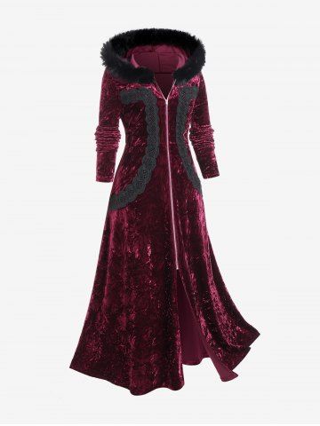 Plus Size Faux-fur Hooded Lace Applique Crushed Velvet Long Coat