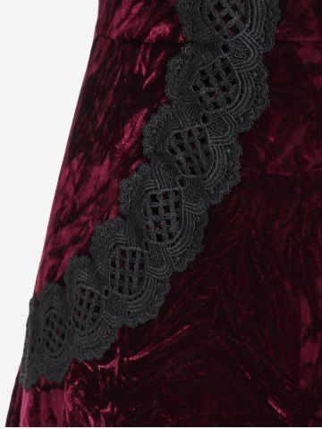 Plus Size Faux-fur Hooded Lace Applique Crushed Velvet Long Coat