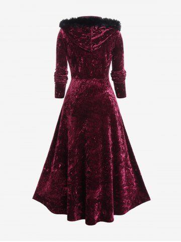 Plus Size Faux-fur Hooded Lace Applique Crushed Velvet Long Coat