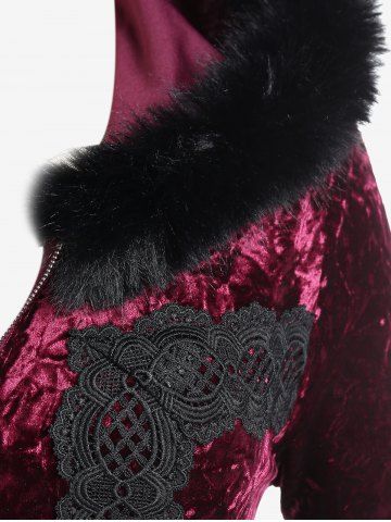 Plus Size Faux-fur Hooded Lace Applique Crushed Velvet Long Coat