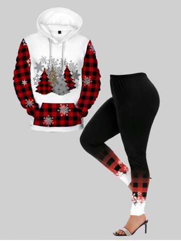 Christmas Tree Snowflakes Printed Plaid Front Pocket Hoodie and High Rise Leggings Plus Size Outerwear Outfit - RED