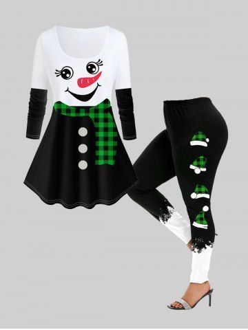Christmas Snowman Printed Plaid Long Sleeves Tee and Leggings Plus Size Outfit - GREEN
