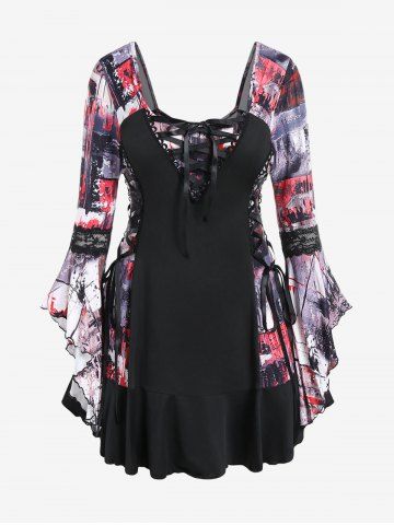 Plus Size Lace-up Abstract Print Picot-trim Flare Sleeve Top