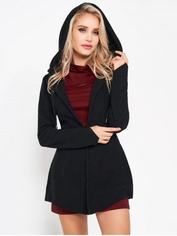 Cut Out Turtleneck Short Sleeve Mini Tee Dress And Hooded Fleece Coat Set - BLACK - L