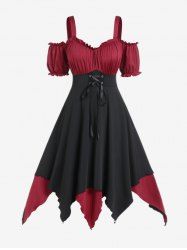 Plus Size Lace-up Ruffles Cold Shoulder Two Tone Handkerchief Midi Dress -  