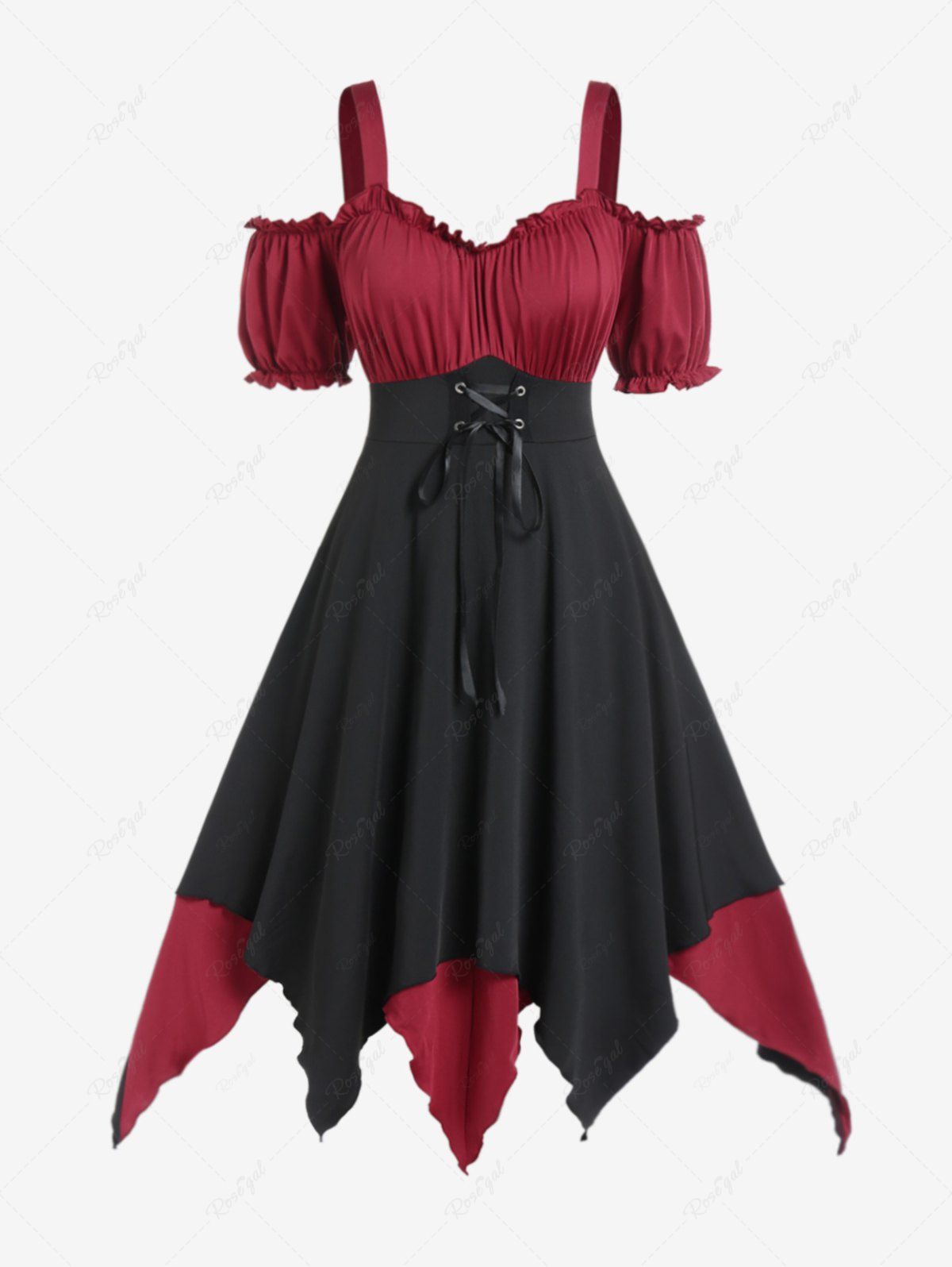 Online Plus Size Lace-up Ruffles Cold Shoulder Two Tone Handkerchief Midi Dress  