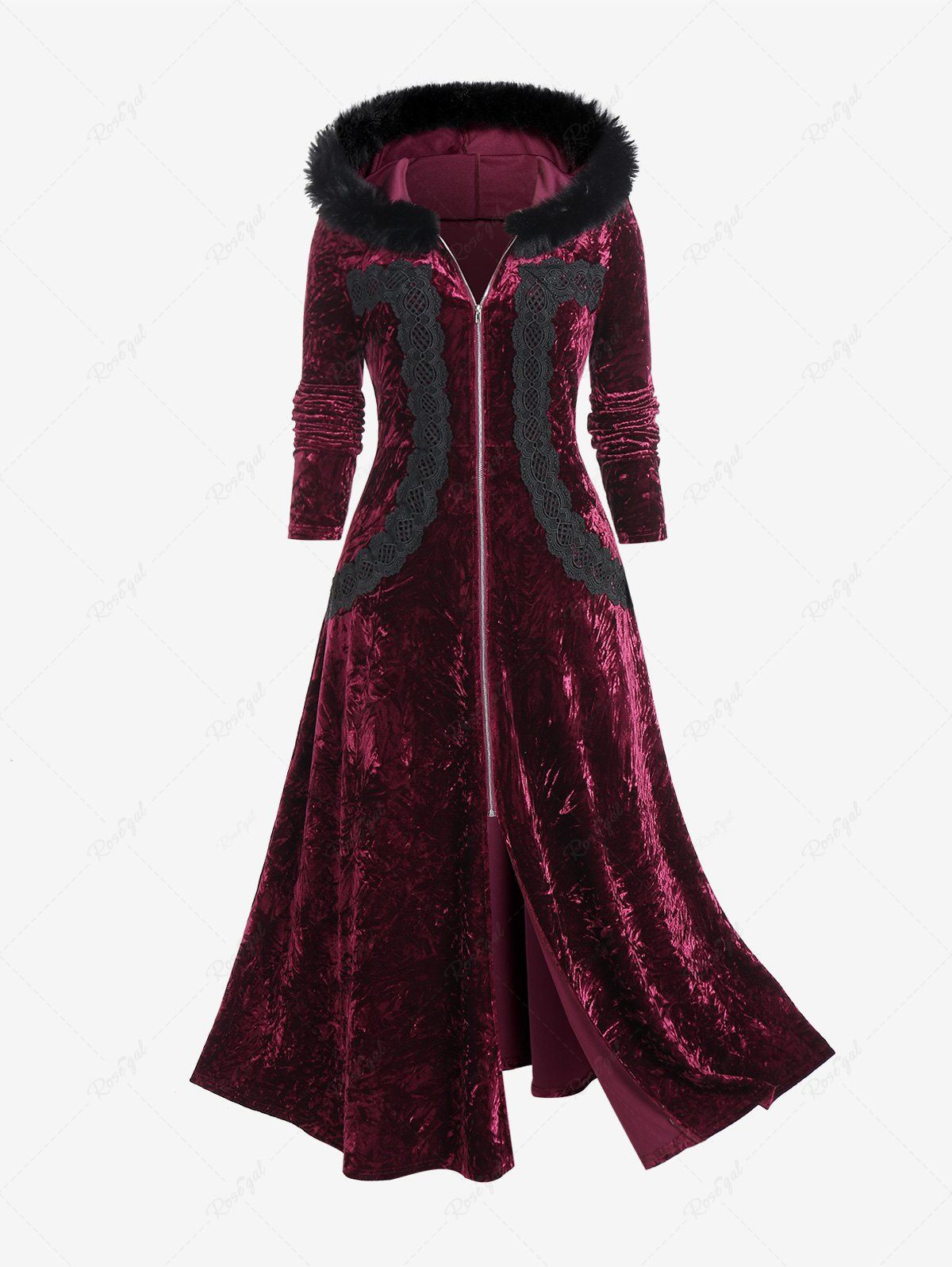 Affordable Plus Size Faux-fur Hooded Lace Applique Crushed Velvet Long Coat  