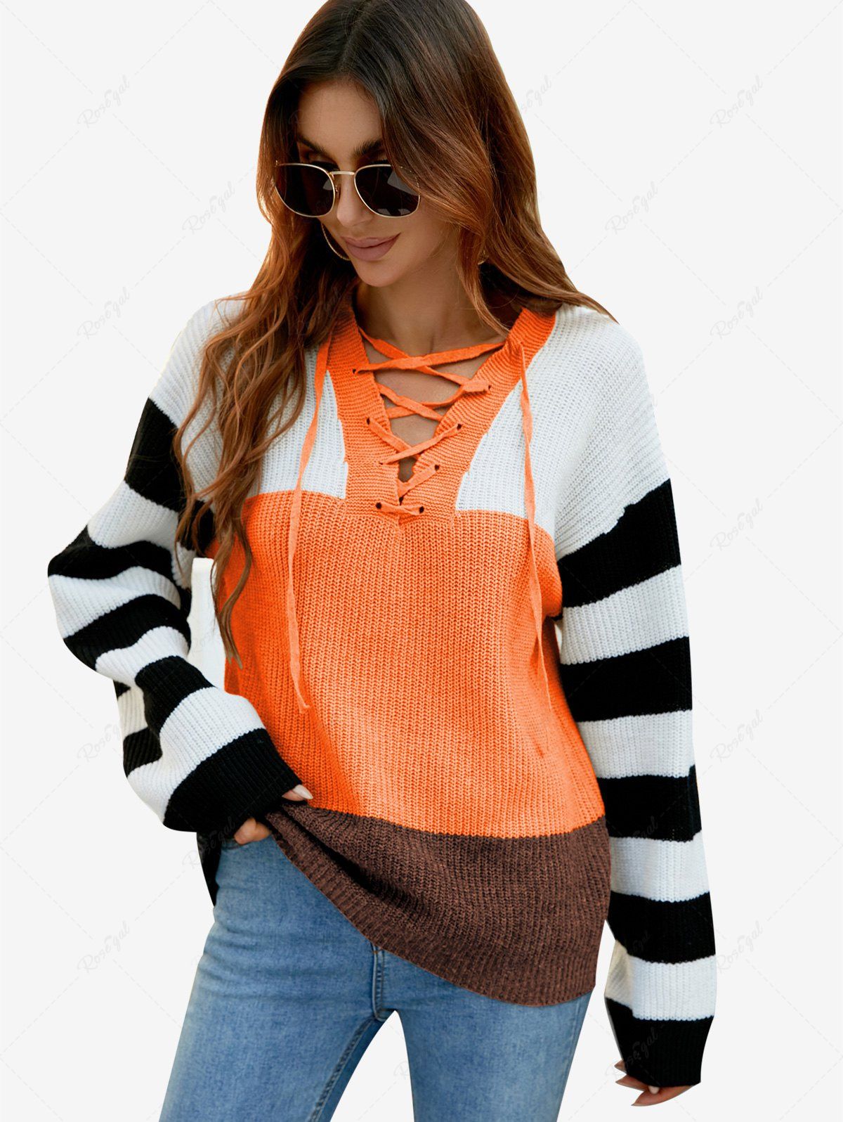 Discount Plus Size Lace-up Striped Colorblock Sweater  