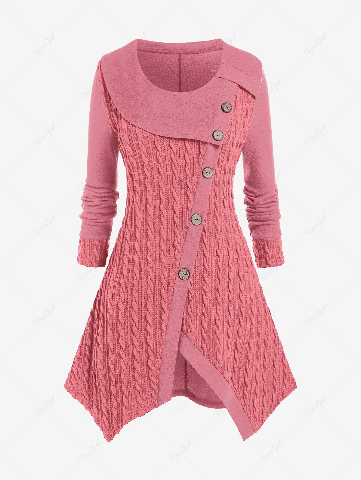 Affordable Plus Size Asymmetric Mock Buttons Cable Knit Sweater  