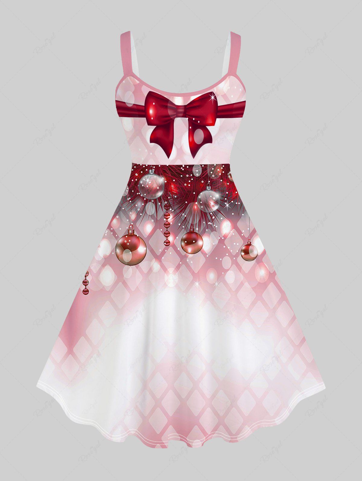 Robe de Noël Ligne A à Imprimé 3D Boule et Nœud Papillon de Grande Taille Rouge 2x | US 18-20