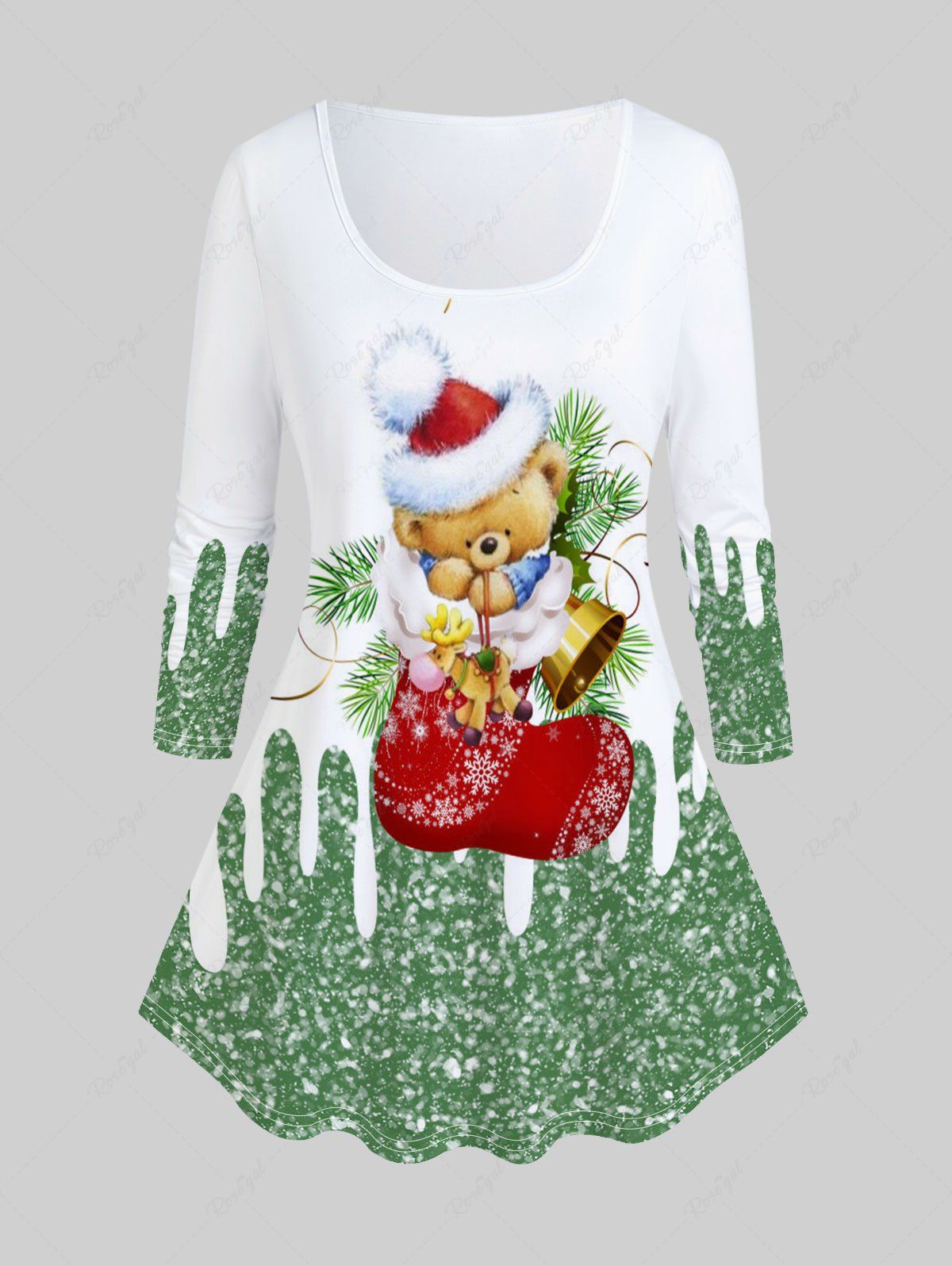 Sale Plus Size Long Sleeves Christmas Tree Hat Socks Printed Colorblock Tee  