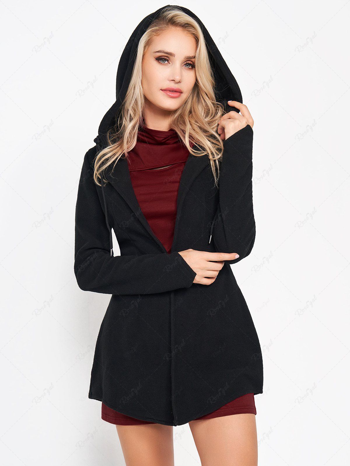 Best Cut Out Turtleneck Short Sleeve Mini Tee Dress And Hooded Fleece Coat Set  