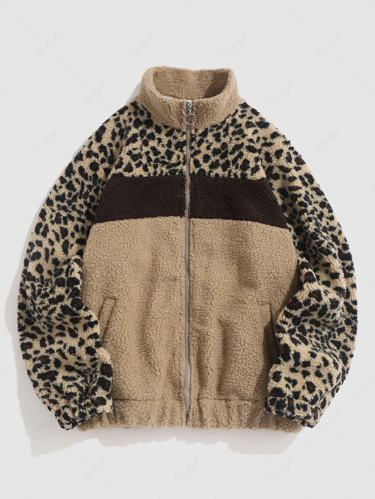 Sale Leopard Print Fluffy Faux Sherpa Zip Fly Jacket  