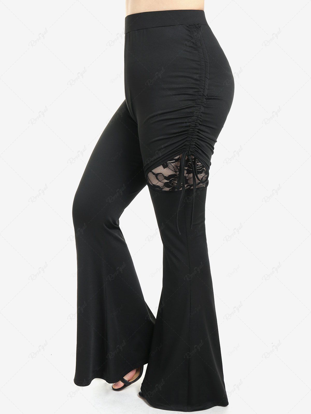 Unique Plus Size Lace Panel Cinched Ruched Skinny Pull On Flare Pants  