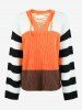 Plus Size Lace-up Striped Colorblock Sweater -  