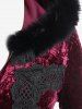 Manteau à Capuche Long Applique en Dentelle en Fausse Fourrure Grande Taille en Velours - Rouge foncé L | US 12