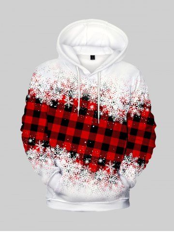 Men Plus Size Plaid Snowflake Print Christmas Hoodie - RED - M