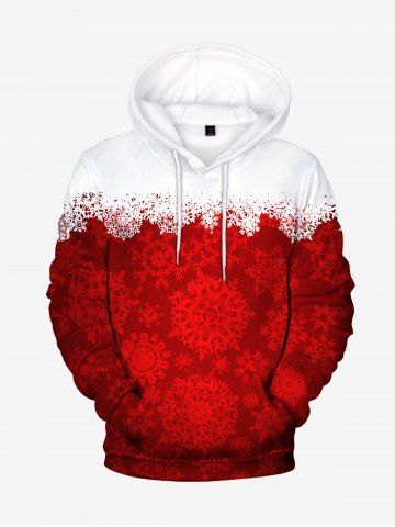 Mens Christmas Snowflake Flocking Lined Front Pocket Pullover Hoodie - RED - L