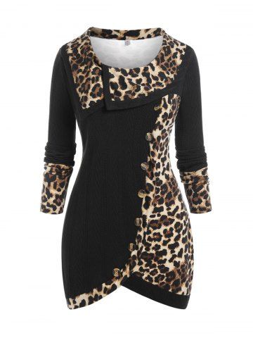 Plus Size Long Sleeve Leopard Print Tulip Hem T-shirt - BLACK - M | US 10