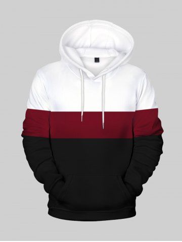 Mens Front Pocket Colorblock Flocking Lined Pullover Hoodie