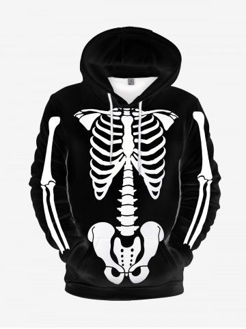 Halloween Gothic Skeleton Print Brushed Pullover Hoodie For Men - BLACK - M