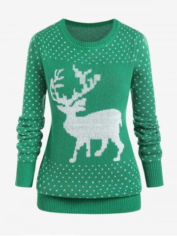 Plus Size Elk Christmas Sweater - GREEN - L