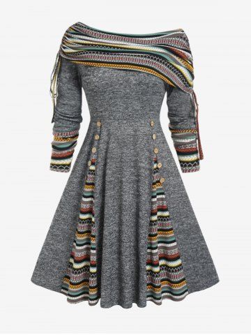 Plus Size Ethnic Pattern Fold Cinched Boat Collar Godet Knitted Dress - GRAY - M | US 10