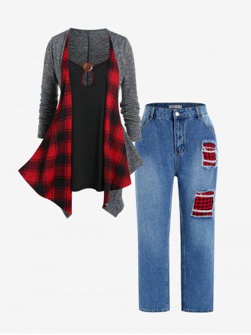 Plus Size Keyhole Faux Twinset Asymmetric Plaid Tee and Ripped Jeans Outfit - RED