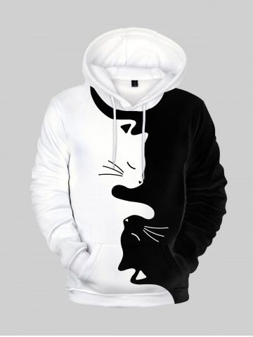 Mens Drawstring Cat Print Colorblock Hoodie - WHITE - L