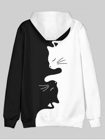 Mens Drawstring Cat Print Colorblock Hoodie