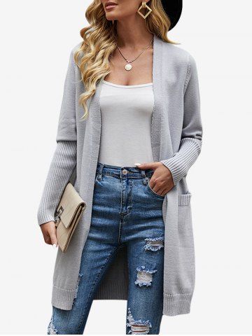 Plus Size Gathered Sleeve Open Front Pockets Cardigan - GRAY - XL