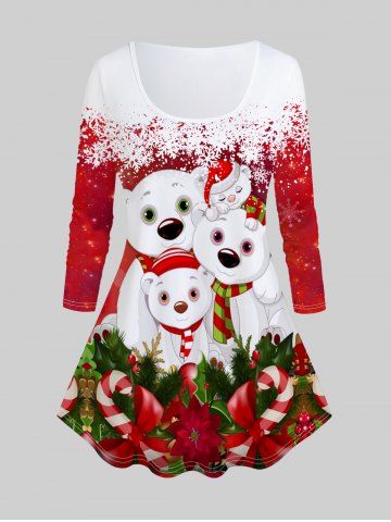 Plus Size Christmas Snowflake Snowman Printed Long Sleeves Tee - RED - 2X | US 18-20