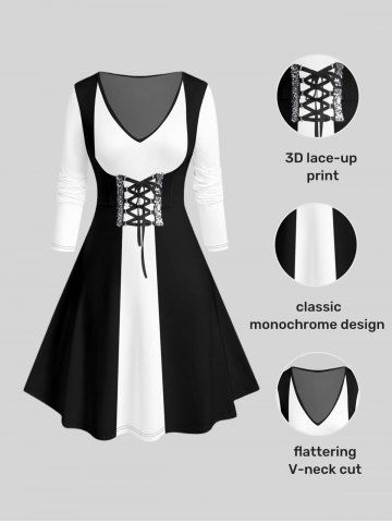 Plus Size 3D Lace Up Print Two Tone Dress