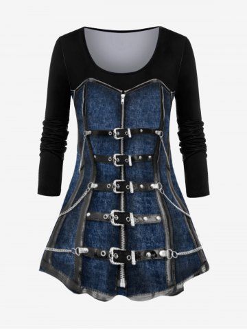 Gothic 3D Jean Buckle Print Long Sleeve T-shirt