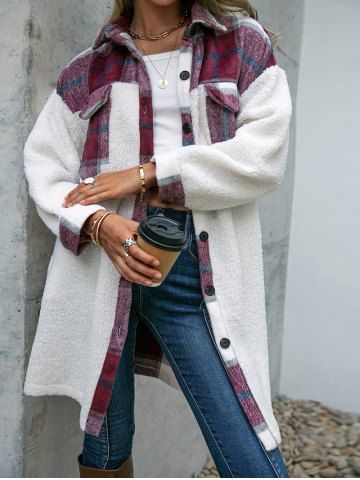 Plaid Print Front Flap Pocket Turn Down Collar Teddy Fur Full Sleeve Longline Coat - MULTI - S