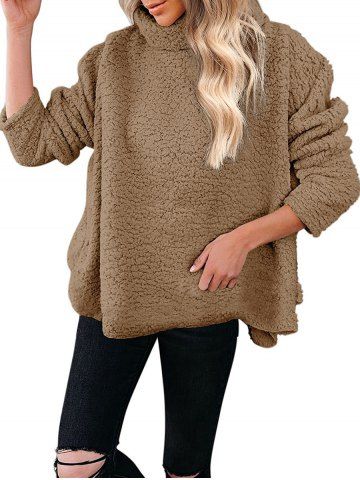 Plain Color Faux Fur Curved Hem Slit Turtleneck Drop Shoulder Long Sleeve Top - COFFEE - S