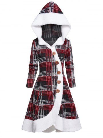 Plaid Print Mock Button Faux Fur Asymmetrical Hem Long Sleeve High Waisted Hooded Dress - DEEP RED - S