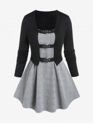 Plus Size Contrast Long Sleeves Buckles Crop Top and Textured Tunic Tank Top Set -  