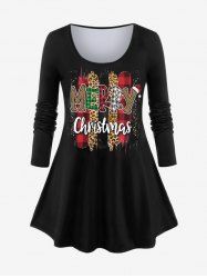 Plus Size Long Sleeves Merry Christmas Leopard Plaid Printed Graphic Tee -  