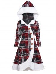 Robe à Capuche à Carreaux Imprimé Boutonnée Taille Haute à Ourlet Asymétrique à Manches Longues - Rouge foncé XL