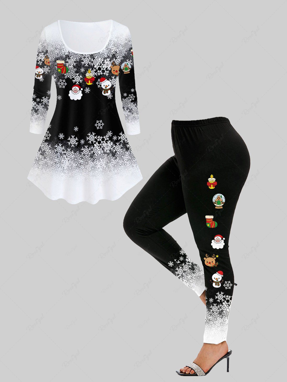 Unique Christmas Snowflake Print T-shirt and High Rise Christmas Printed Leggings Plus Size Outfit  