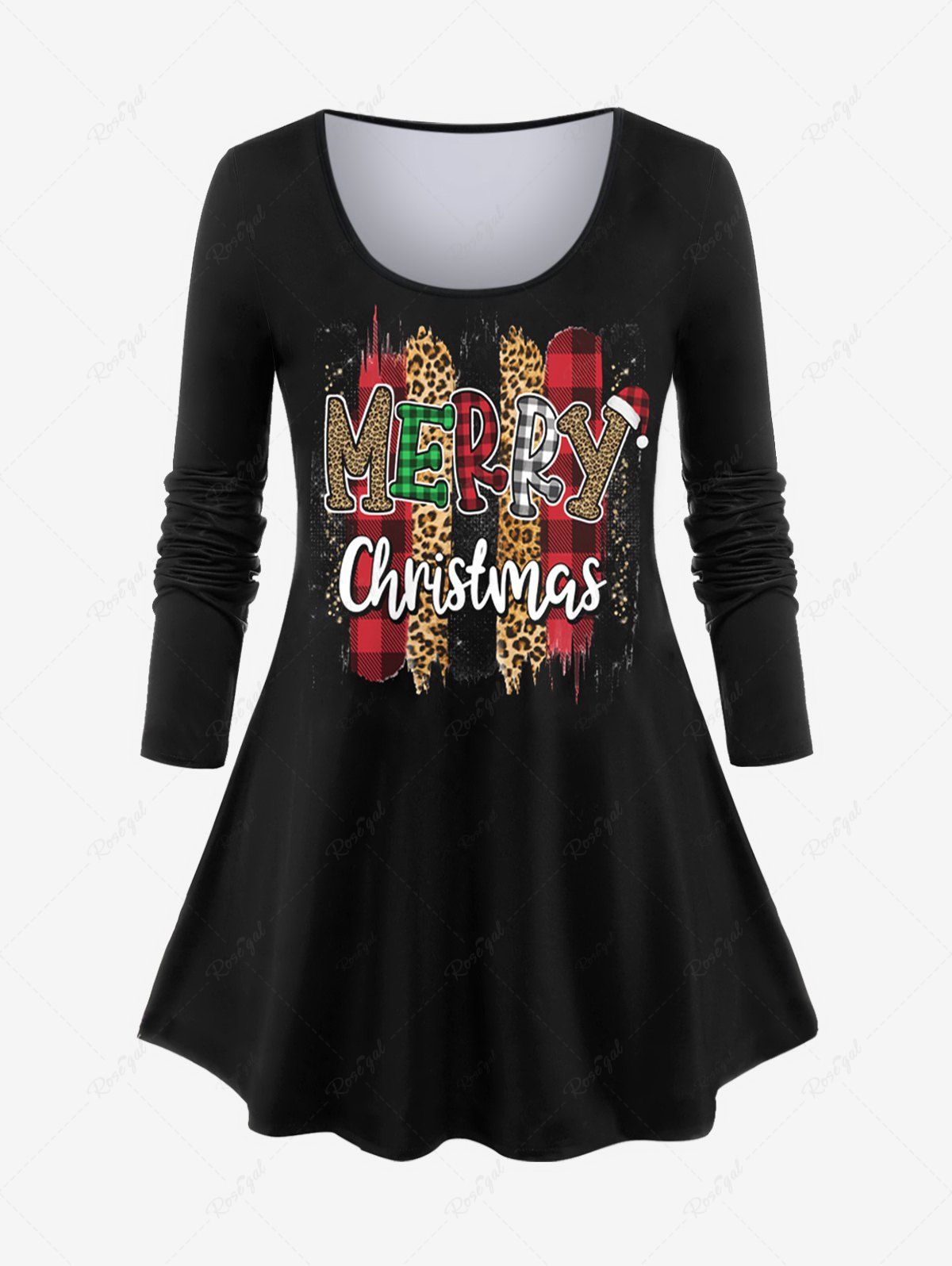 Fancy Plus Size Long Sleeves Merry Christmas Leopard Plaid Printed Graphic Tee  