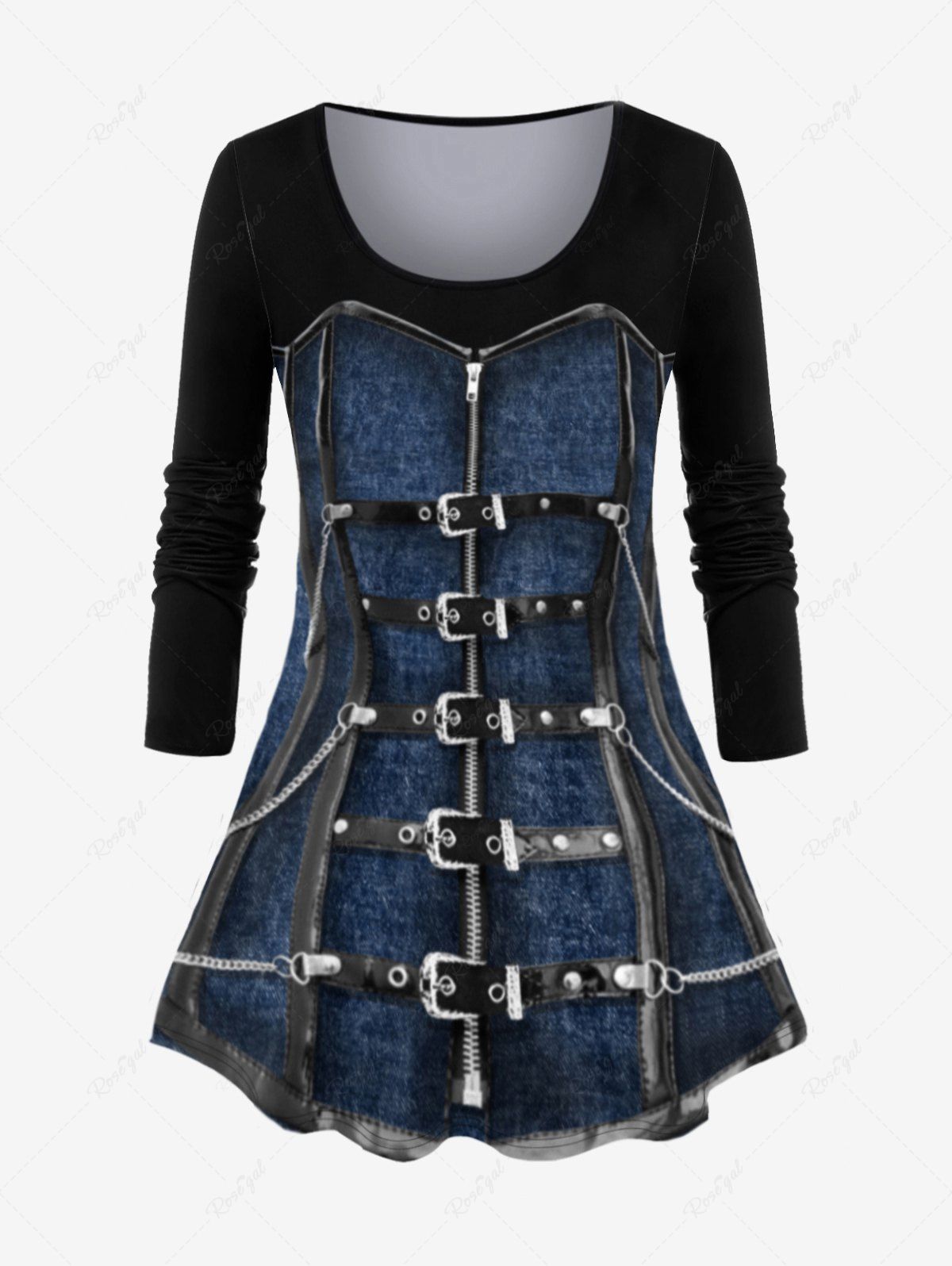 Outfit Gothic 3D Jean Buckle Print Long Sleeve T-shirt  