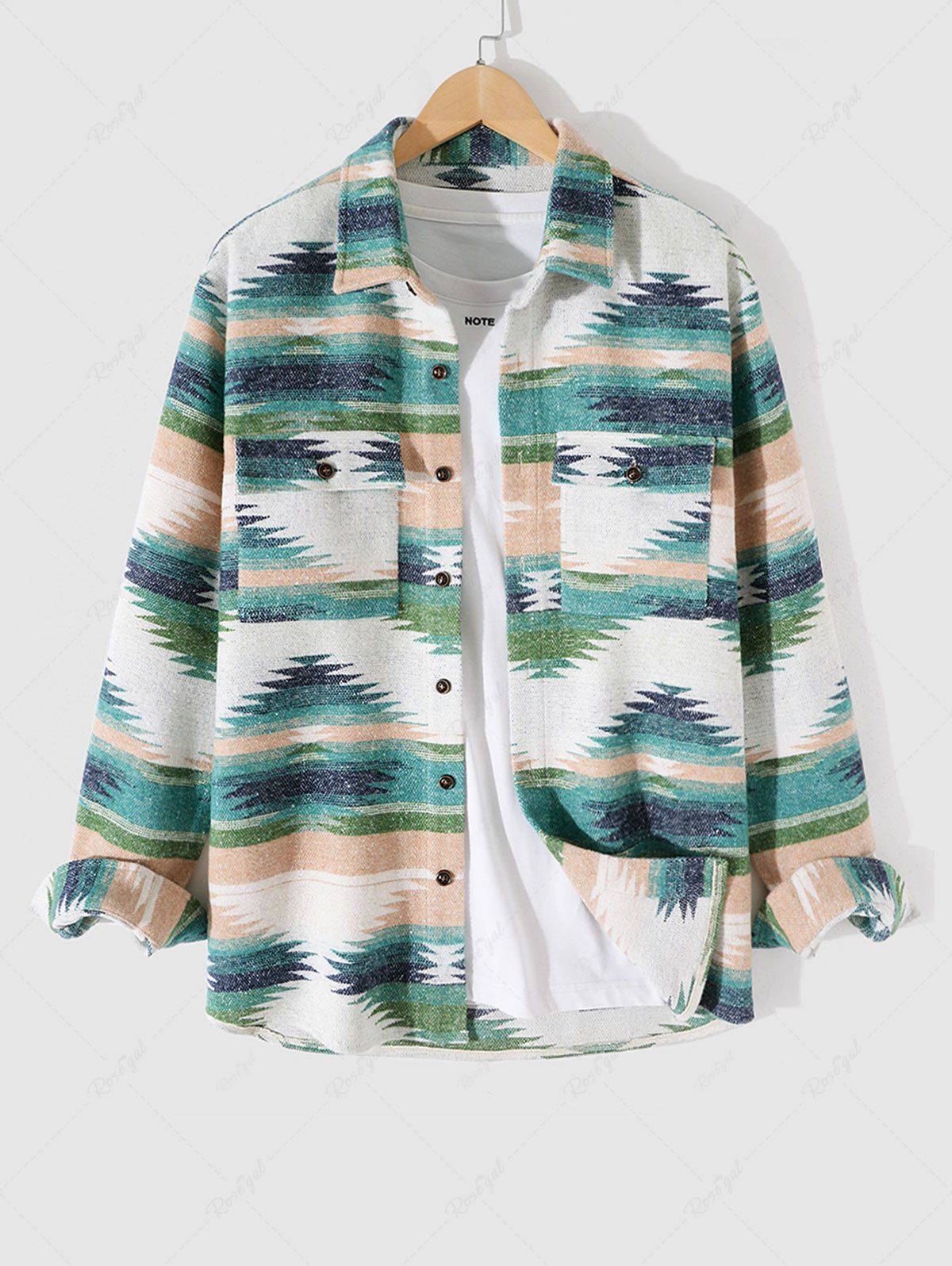 Fashion Flap Pocket Design Ethnic Aztec Print Button Fly Shacket  